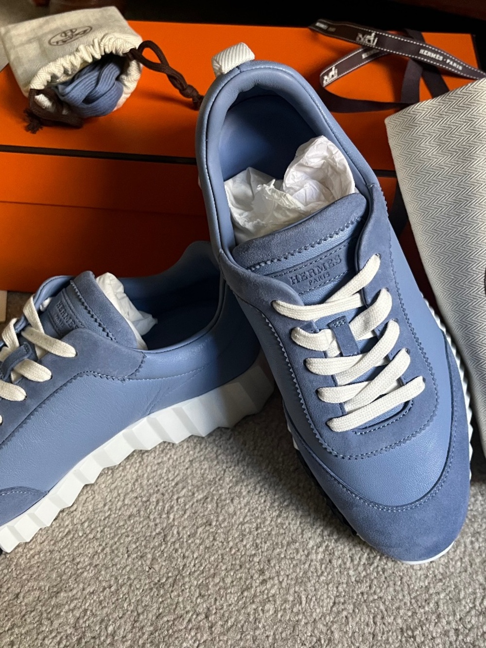*RARE* Hermès Bouncing Sneakers Bleu Jean 39 / 8.5 NEW Full Set Goatskin Suede